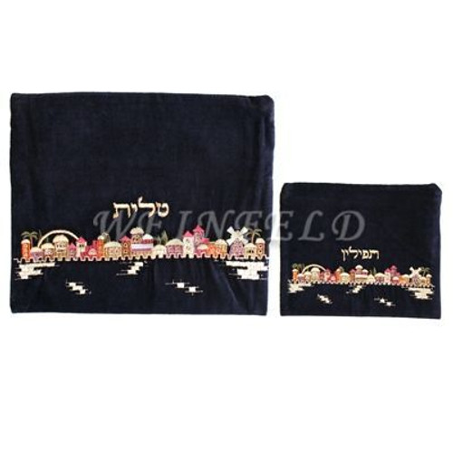 Velvet Embroidered Tallit and Tefillin Bag Set - Jerusalem in Color - TV-FV-1 Velvet Embroidered Tallit and Tefillin Bag Set - Jerusalem in Color - TV-FV-1