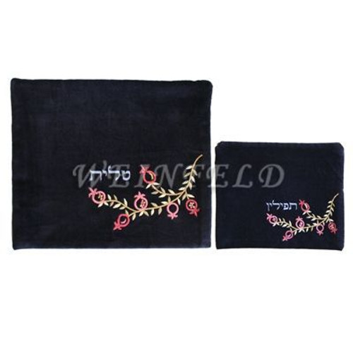Velvet Embroidered Tallit and Tefillin Bag Set - Pomegranates in Black - TV-FV-3 Velvet Embroidered Tallit and Tefillin Bag Set - Pomegranates in Black - TV-FV-3
