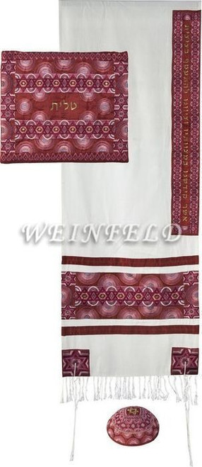 Embroidered Raw Silk Tallit - Magen David Rainbow Red Embroidered Raw Silk Tallit - Magen David Rainbow Red