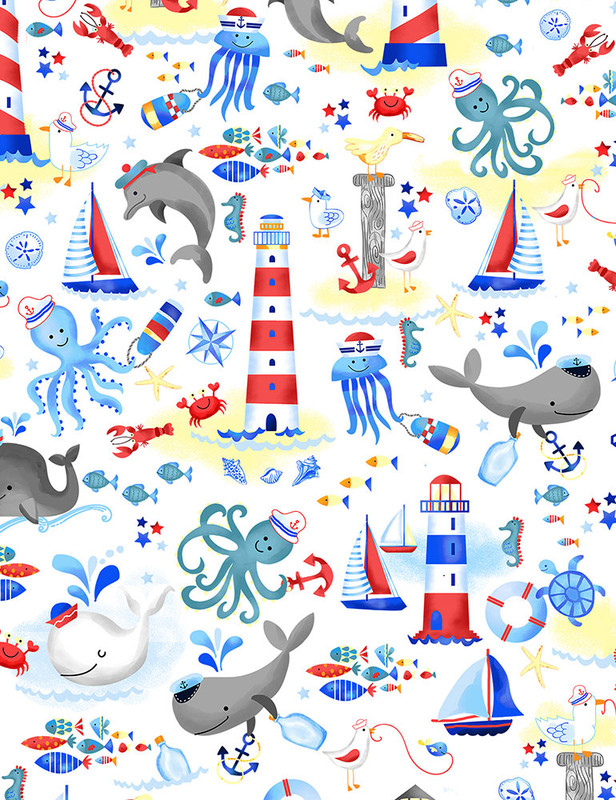 Cotton Print Yarmulkes Nautical Scenic - WHITE Cotton Print Yarmulkes Nautical Scenic - WHITE