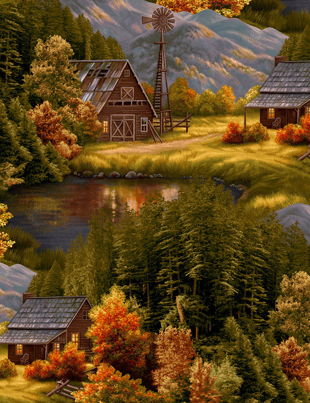 Cotton Print Yarmulkes Lake Lodge Scenic Allover - MULTI Cotton Print Yarmulkes Lake Lodge Scenic Allover - MULTI