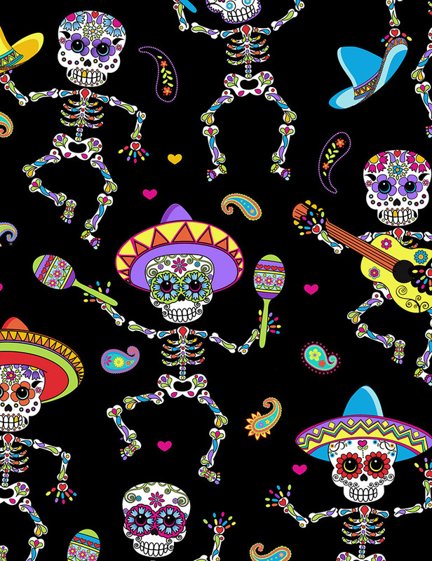 Cotton Print Yarmulkes Dancing Day of the Dead - BRIGHT