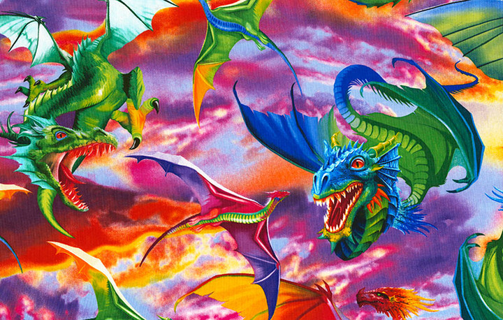 Cotton Print Yarmulkes Dragons - BRIGHT Cotton Print Yarmulkes Dragons - BRIGHT
