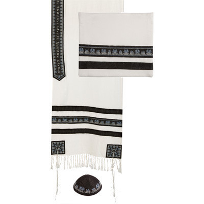 Yair Emanuel Embroidered Stripes Tallit - White / Black - TAD1BL