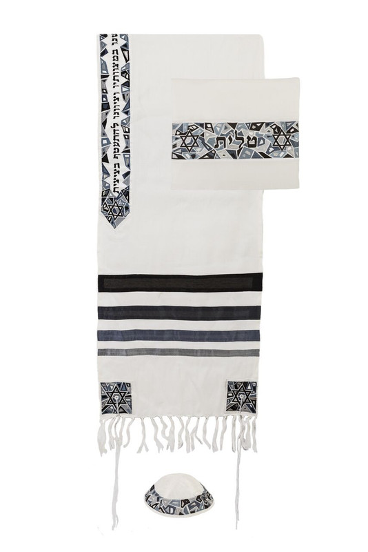 Yair Emanuel Embroidered Tallit Magen David Design -- Black/Gray - TAE1BL