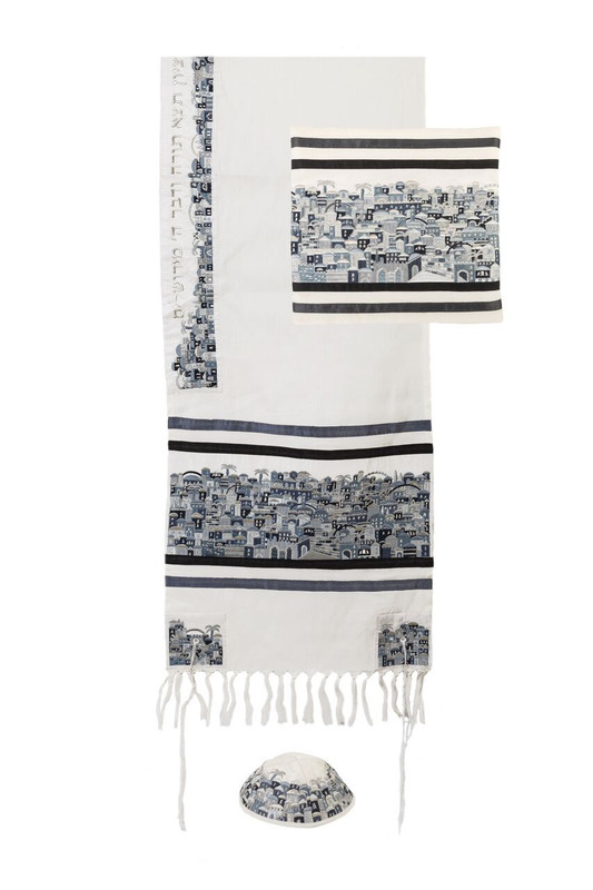Yair Emanuel Tallit Embroidered Jerusalem -- Black / Gray - TAK4 Yair Emanuel Tallit Embroidered Jerusalem -- Black / Gray - TAK4
