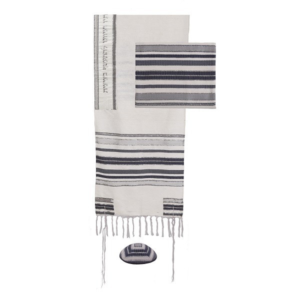 Yair Emanuel Hand - Woven Tallit - Atara with Blessing -- Gray - TAT1GR