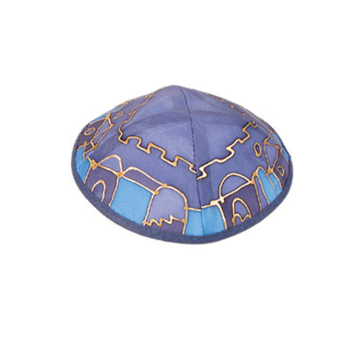Yair Emanuel Jerusalem Blue Silk Hand Painted Kippah - YAS-7