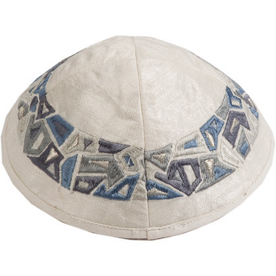 Yair Emanuel Embroidered Kippah Geometrical GREY / BLUE - YME-10GR