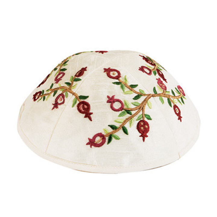 Yair Emanuel Emanuel Embroidered Kippah Pomegranates White - Red - YME-6W Yair Emanuel Emanuel Embroidered Kippah Pomegranates White - Red - YME-6W