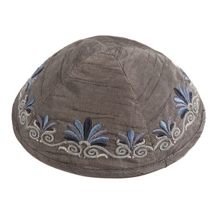 Yair Emanuel Embroidered Kippah Flowers GREY - YME-9GR Yair Emanuel Embroidered Kippah Flowers GREY - YME-9GR