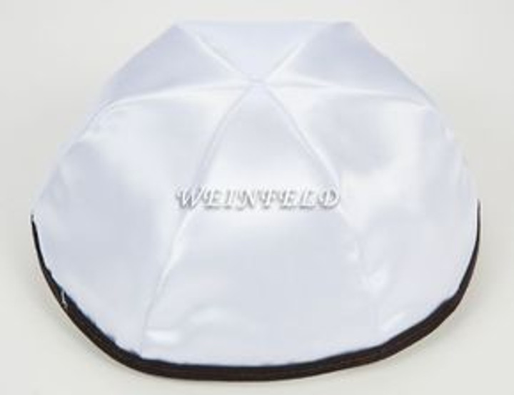 Satin Yarmulkes 6 Panels - Lined - White Satin With Black Rim. Best Quality Bridal Satin Satin Yarmulkes 6 Panels - Lined - White Satin With Black Rim. Best Quality Bridal Satin