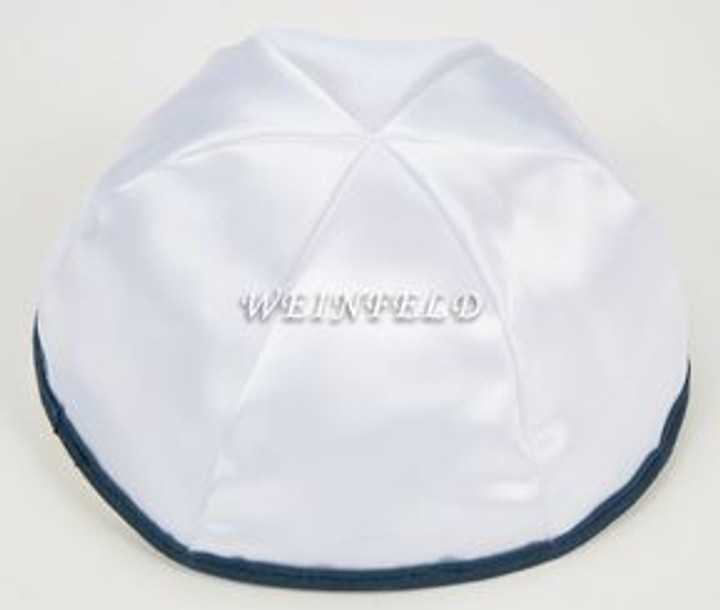 Satin Yarmulkes 6 Panels - Lined - White Satin With Navy Rim. Best Quality Bridal Satin Satin Yarmulkes 6 Panels - Lined - White Satin With Navy Rim. Best Quality Bridal Satin