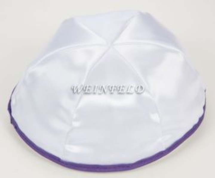 Satin Yarmulkes 6 Panels - Lined - White Satin With Purple Rim. Best Quality Bridal Satin Satin Yarmulkes 6 Panels - Lined - White Satin With Purple Rim. Best Quality Bridal Satin