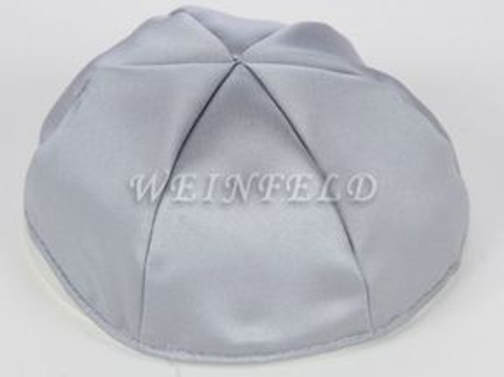 Satin Yarmulkes 6 Panels - Lined - Satin Silver With Navy Rim. Best Quality Bridal Satin
