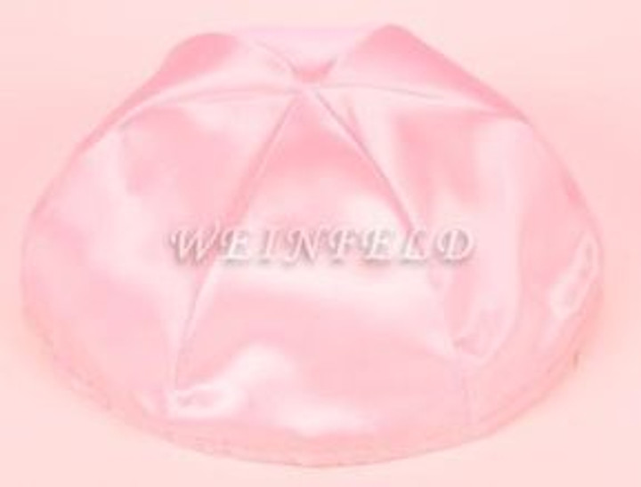 Satin Yarmulkes 6 Panels - Lined - Satin Light Pink With Plaid - Blue/White Rim. Best Quality Bridal Satin