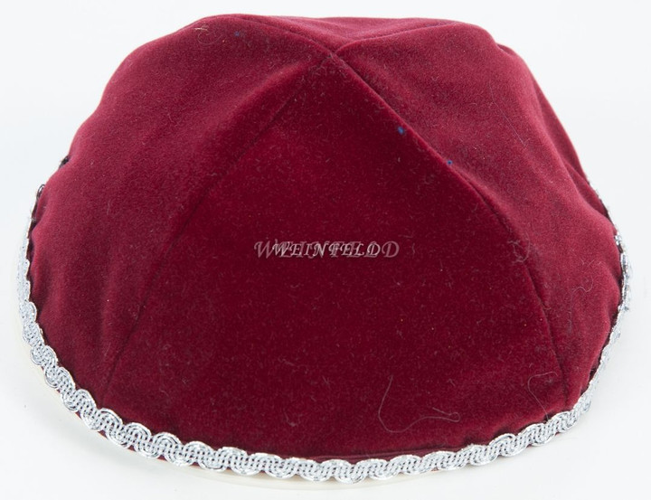 Velour Velvet Yarmulkes - 4 Panels - Lined - Medium Style - With Trim - Burgundy Velour Velvet Yarmulkes - 4 Panels - Lined - Medium Style - With Trim - Burgundy