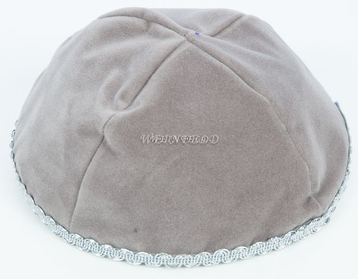 Velour Velvet Yarmulkes - 4 Panels - Lined - Medium Style - With Trim - Medium Grey