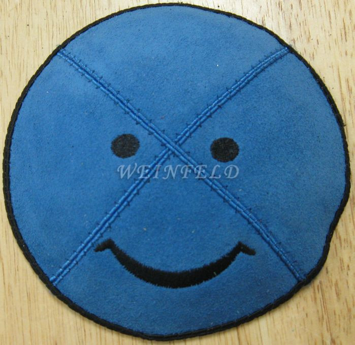 Genuine Suede Kippah - Embossed Textured Design - Embroidered Smiley - Wedgewood Blue With Black Smiley