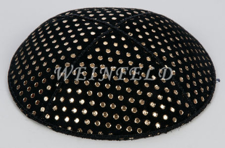 Genuine Suede Yarmulke - Metallic Embossed - Gold Metalic Pindots Genuine Suede Yarmulke - Metallic Embossed - Gold Metalic Pindots