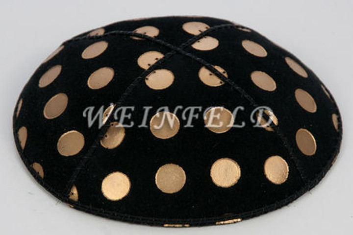 Genuine Suede Yarmulke - Metallic Embossed - Gold Metalic Polka Dots Genuine Suede Yarmulke - Metallic Embossed - Gold Metalic Polka Dots