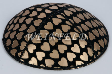 Genuine Suede Yarmulke - Metallic Embossed - Gold Metalic Hearts