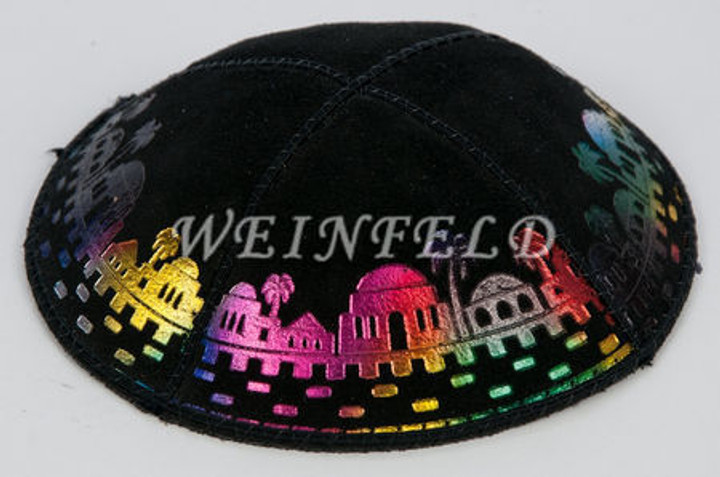 Genuine Suede Yarmulke - Metallic Embossed - Multi-Color Metalic New Jerusalem Genuine Suede Yarmulke - Metallic Embossed - Multi-Color Metalic New Jerusalem
