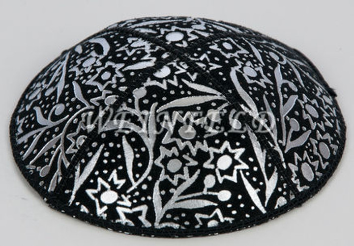 Genuine Suede Yarmulke - Metallic Embossed - Silver Metalic Leaves On Blue