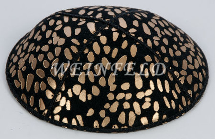 Genuine Suede Yarmulke - Metallic Embossed - Gold Leopard On Black Genuine Suede Yarmulke - Metallic Embossed - Gold Leopard On Black