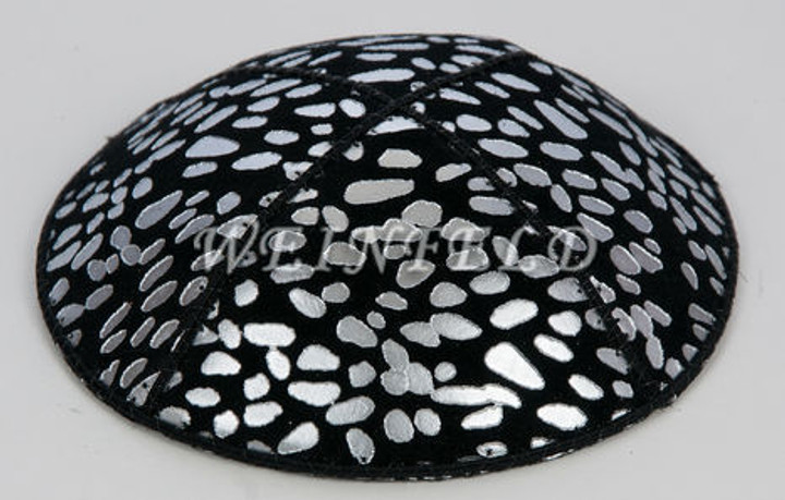 Genuine Suede Yarmulke - Metallic Embossed - Silver Leopard On Black Genuine Suede Yarmulke - Metallic Embossed - Silver Leopard On Black