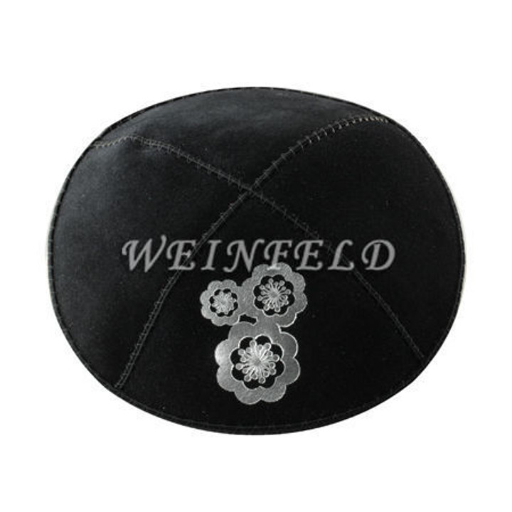 Genuine Suede Yarmulke - Metallic Embossed - Silver Lace Symbols On Black Genuine Suede Yarmulke - Metallic Embossed - Silver Lace Symbols On Black