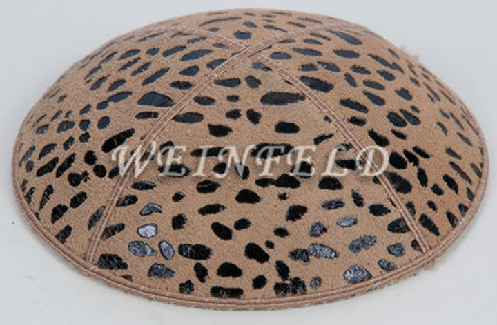 Genuine Suede Yarmulke - Metallic Embossed - Metallic Black Leopard On Cinnamon (Beige) Genuine Suede Yarmulke - Metallic Embossed - Metallic Black Leopard On Cinnamon (Beige)