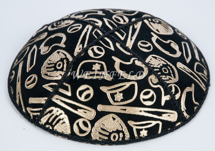 Genuine Suede Yarmulke - Metallic Embossed - Gold Metalic Various Baseball Objects  # 208 Genuine Suede Yarmulke - Metallic Embossed - Gold Metalic Various Baseball Objects  # 208