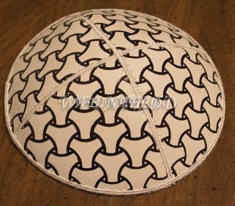 Genuine Suede Yarmulkas - White Metallic Embossed - Black Metalic Wheels on White