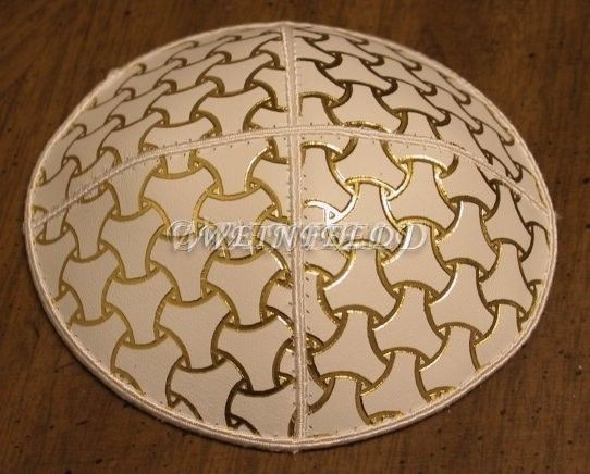 Genuine Suede Yarmulkas - White Metallic Embossed - Gold Metalic Wheels on White