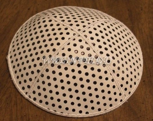 Genuine Suede Yarmulkas - White Metallic Embossed - Black Metalic Pindots on White