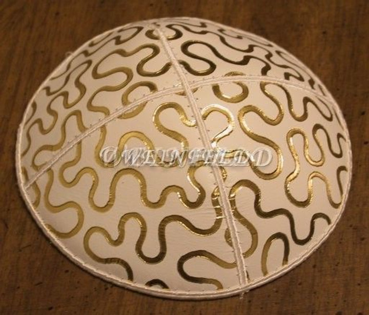 Genuine Suede Yarmulkas - White Metallic Embossed - Gold Metalic Puzzle on White Genuine Suede Yarmulkas - White Metallic Embossed - Gold Metalic Puzzle on White