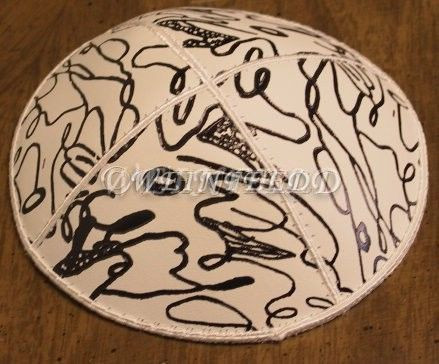 Genuine Suede Yarmulkas - White Metallic Embossed - Black Metalic Scribble on White