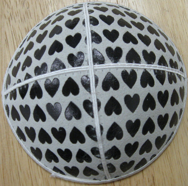 Genuine Suede Yarmulkas - White Metallic Embossed - Black Metalic Hearts on White