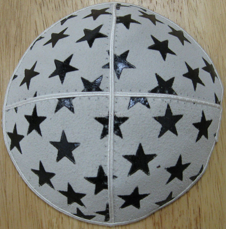 Genuine Suede Yarmulkas - White Metallic Embossed - Black Metalic Big Stars on White