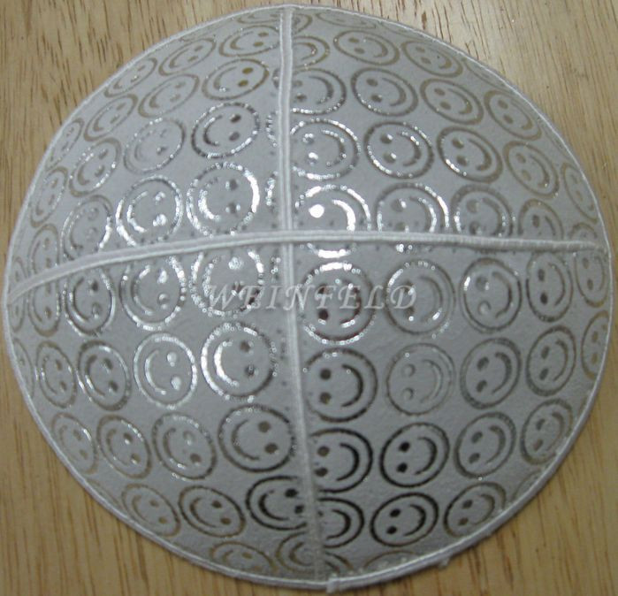 Genuine Suede Yarmulkas - White Metallic Embossed - Silver Metalic Smiley Faces on White