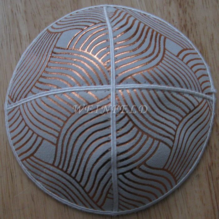 Genuine Suede Yarmulkas - White Metallic Embossed - Copper Metalic Waves on White