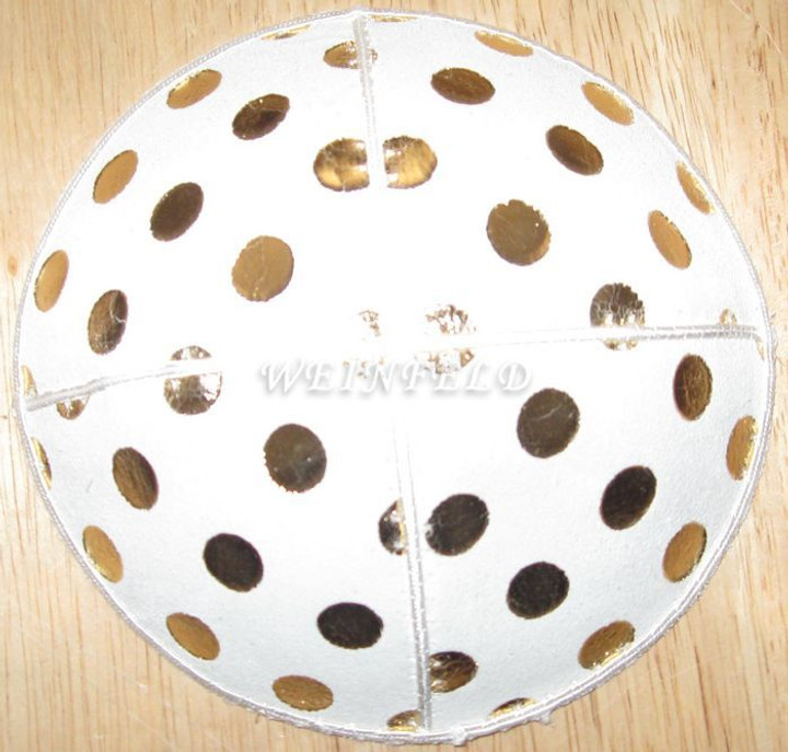 Genuine Suede Yarmulkas - White Metallic Embossed - Gold Metalic Big Dots on White