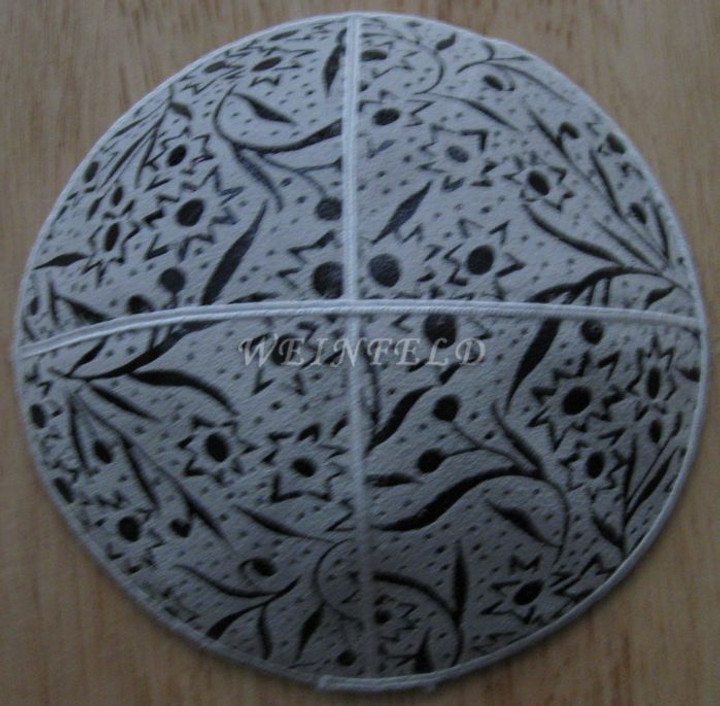 Genuine Suede Yarmulkas - White Metallic Embossed - Black Metalic Leaves on White Genuine Suede Yarmulkas - White Metallic Embossed - Black Metalic Leaves on White