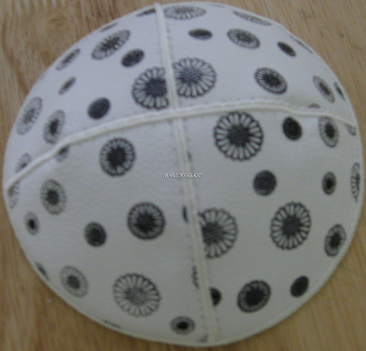 Genuine Suede Yarmulkas - White Metallic Embossed - Black Metalic Sunflowers on White