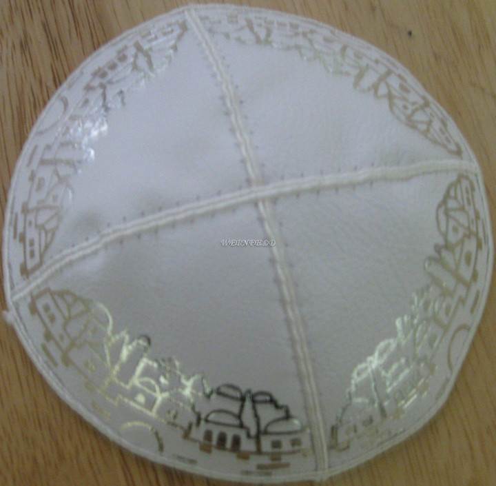 Genuine Suede Yarmulkas - White Metallic Embossed - Silver Metalic Jerusalem on White. All around. Genuine Suede Yarmulkas - White Metallic Embossed - Silver Metalic Jerusalem on White. All around.