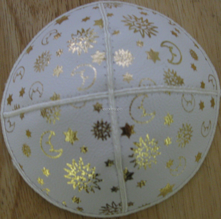 Genuine Suede Yarmulkas - White Metallic Embossed - Gold Metalic Sky on White