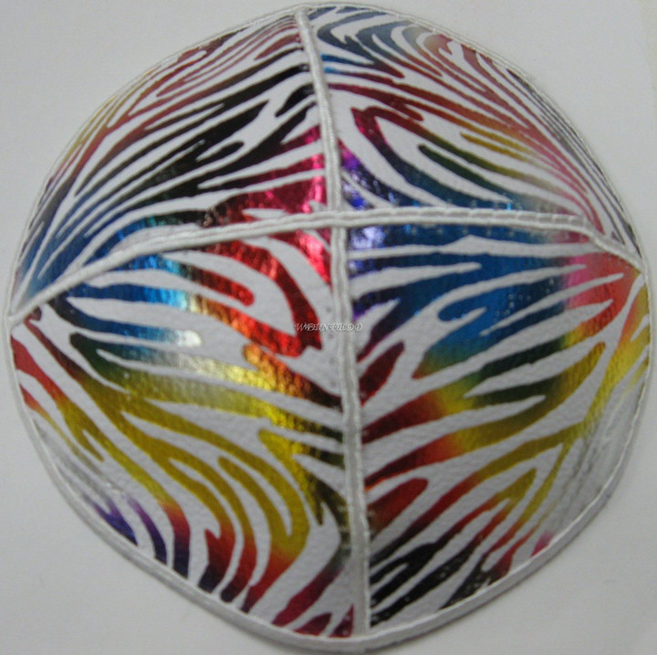 Genuine Suede Yarmulkas - White Metallic Embossed - Colored Metalic Zebra on White Genuine Suede Yarmulkas - White Metallic Embossed - Colored Metalic Zebra on White