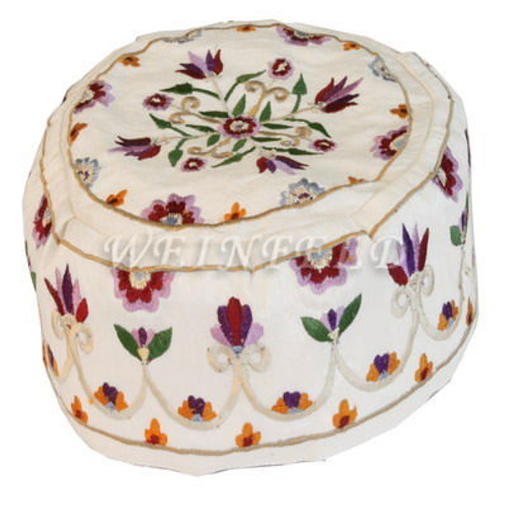Yair Emanuel Modern Yarmulkes - Hand Embroiderey Bucharian Hat - Flowers White