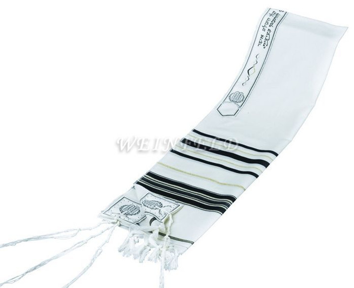 Lurex Wool Tallit in Black and Gold Stripes - Tallit blessing on atarah neckband Lurex Wool Tallit in Black and Gold Stripes - Tallit blessing on atarah neckband